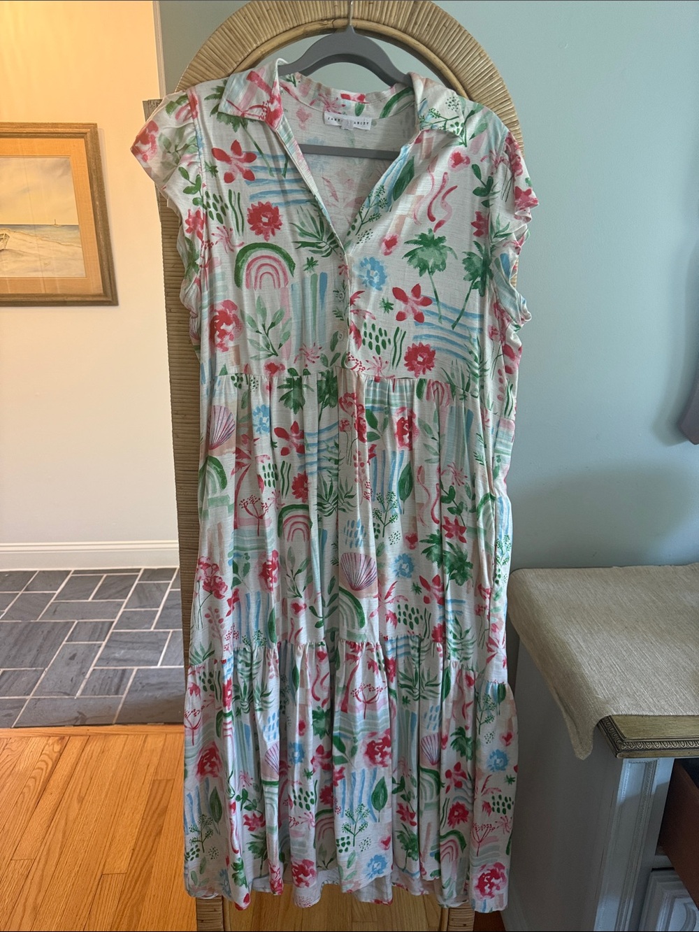 Jane and Delancey Floral Rainbow Print Tiered Dress - White, Pink, Green, Blue